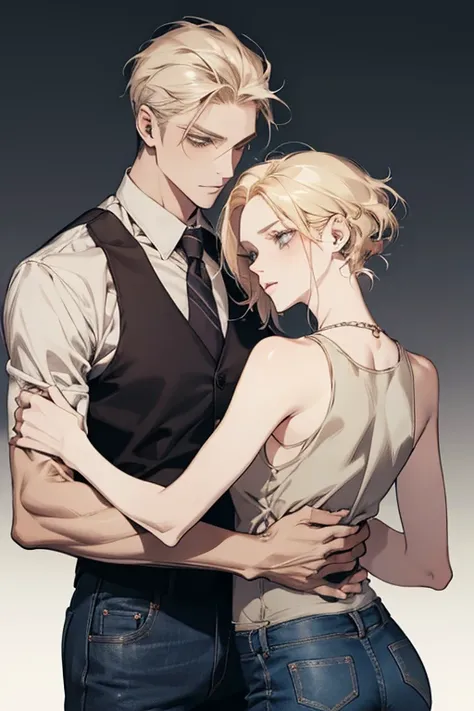 man and woman, couple, the guy is blonde hair, The woman is gray hair, man wearing suit, woman wearing tank top and short jean, Couple Pose,