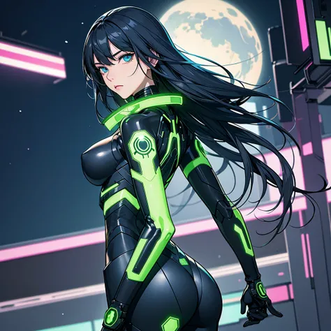 girl, Gazing into night city,cyborg suit with green neon hilights, cute, sorrow, cyberpunk, T-back, blue eyes, hip, Moe,black hiar,Underboob,Half ass,Tanuki face