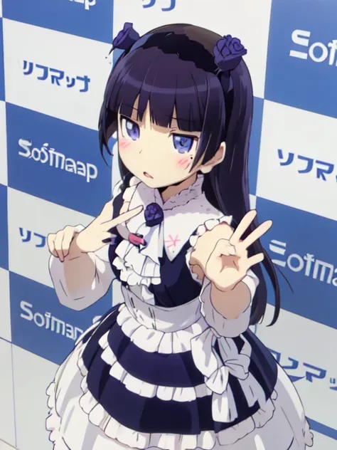 highest quality, Very detailed, figure,  
(reinokabe), checkered wall, Checkered Background, English text, Blue Theme, Memes,
1 girl, alone, girl, Hime cut, Gothic Lolita, Lolita Fashion, head band, (ruri gokou),Dynamic pose