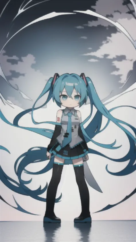 masterpiece, best quality, chibi, 1 girl,  miku, Hatsune Miku, (full body), simple background,rain,monochrome