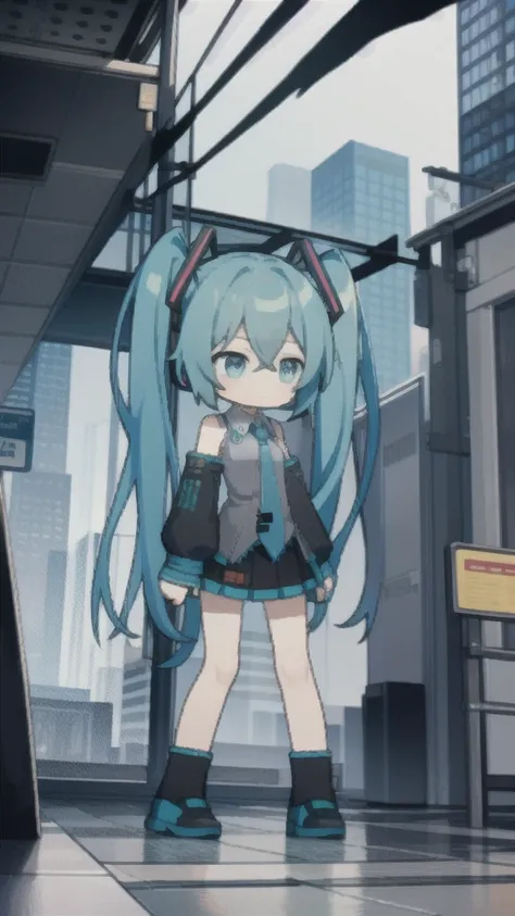 masterpiece, best quality, chibi, 1 girl,  miku, Hatsune Miku, (full body), city,rain,colorful