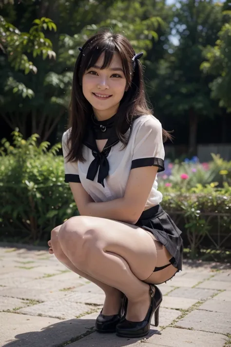 top-quality、超A high resolution、(Photorealsitic:1.4)、cosplay foto
（1 japanese girl）、hi-school girl、bangs, Idol、
((poneyTail))、White hair ribbon、Floating hair 、adultlike face、The best balance between the body and the face, high heels,
big eye、Smile、squatting...