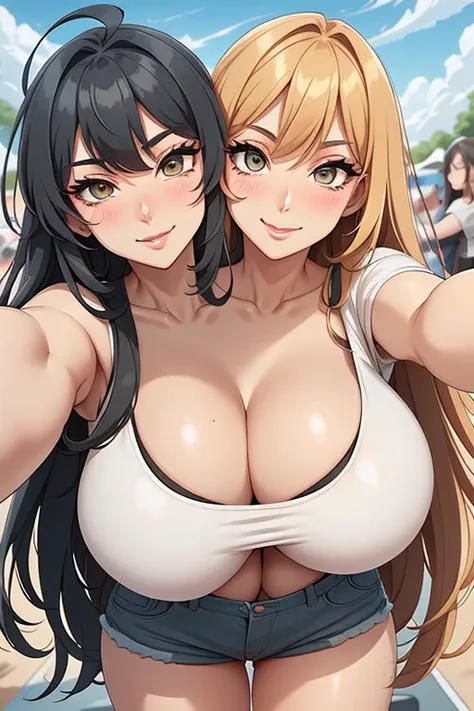 2heads, tall thin woman with 2 heads. Massive breasts. Mature. At a music festival. Drinking a beer. Festival attire. Deep cleavage. Messy hair. Happy. Smiling. Blushing. Cool expression, smug. Think eyeshadow. Seductive. Pulling shirt, touching breasts. H...