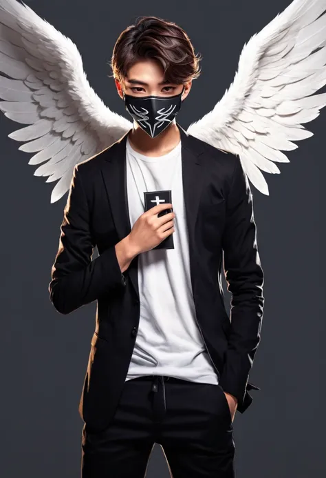 Anime art style Angel Race Handsome boy holding a cross Wearing a mask hiding his face 