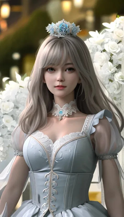 1men, looking at viewer,
upper body, 3D, realistic,
large breasts, excessively frilled princess dress, draped clothes, jewelry, ornament, flower, lace trim,
masterpiece, best quality, 8k, detailed skin texture, detailed cloth texture,  beautiful detailed f...