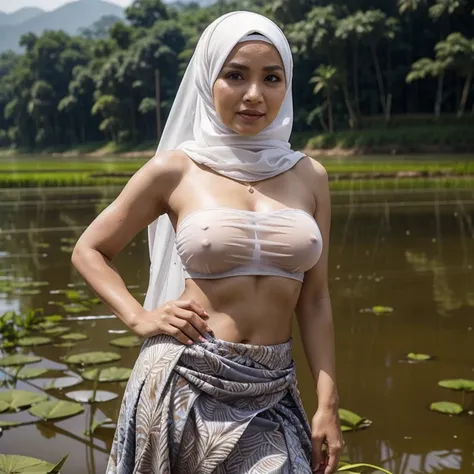 mia 50 years old wearing hijab , gigantic breast , white see-through strapless tanktop , batik skirt , hard nipple , at the rice field