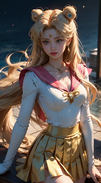 （（masterpiece））， （（highest quality））， （Super detailed）， （（Very detailed））， 4K， （8k）， Sailor Moon， Large Breasts、Chest、Long golden hair， Dual Horsetail，Sailor Moonの美学，Beautiful girl，Fluffy skirt，blue， Dream Core，