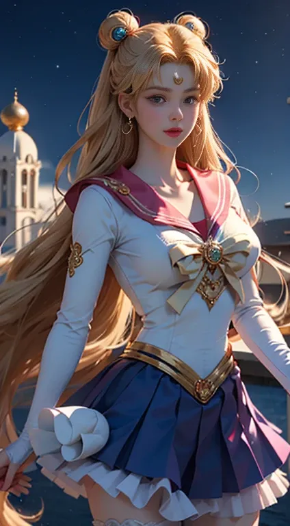 （（masterpiece））， （（highest quality））， （Super detailed）， （（Very detailed））， 4K， （8k）， Sailor Moon， Large Breasts、Chest、Long golden hair， Dual Horsetail，Sailor Moonの美学，Beautiful girl，Fluffy skirt，blue， Dream Core，