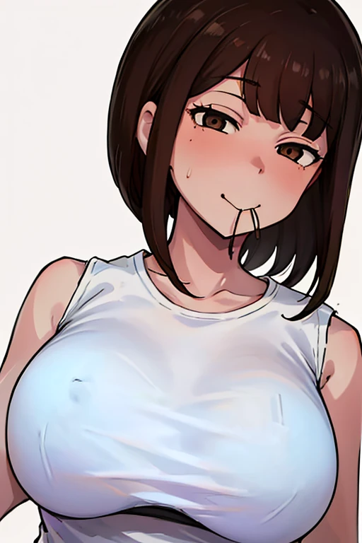 highest quality, Realistic, 8k, High resolution, 1 girl, woman, (Skin dents), (Portraiture: 0.6), nice, (White Background: 1.82)), ((Big round breasts, Sleeveless White T-Shirt: 1.75)), Straight Watching Viewers: 1.8, (1 girl Eyes, Medium length hair, Brow...