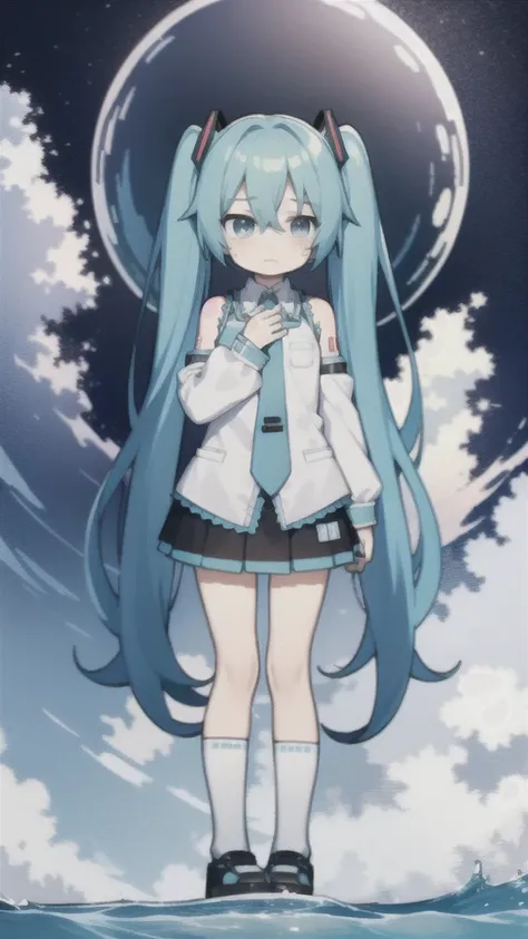 masterpiece, best quality, chibi, 1 girl,  miku, Hatsune Miku, (full body), Pure white background,Vivid,clearly,sad face,crying