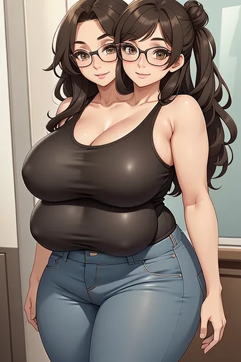 2heads, a tall chubby woman with 2 heads. She has small breasts. She is inside a bedroom. She is topless. She is wearing jeans. She is wearing thick glasses. She has brown hair in a bun. She looks mature. Wife, milf, mommy. She has big perky lips. She has ...