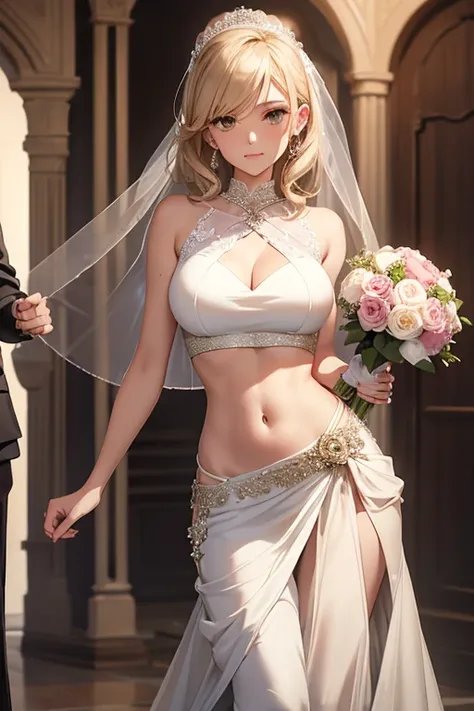 girl, crop top bridal dress showing navel, marry , holding a bouquet , navel piercing ,(((the groom stand next to her)))