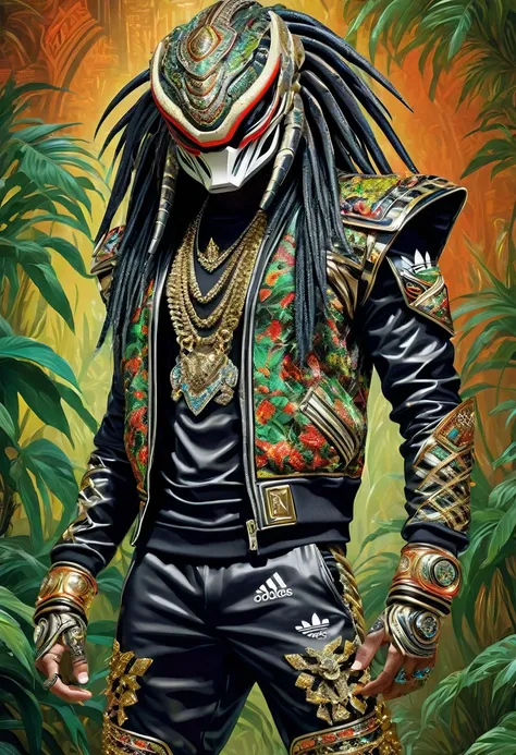 create a picture of preddy the earth loving yautja predator warrior donning the 80's hip hop costume with adidas sports jacket, ...