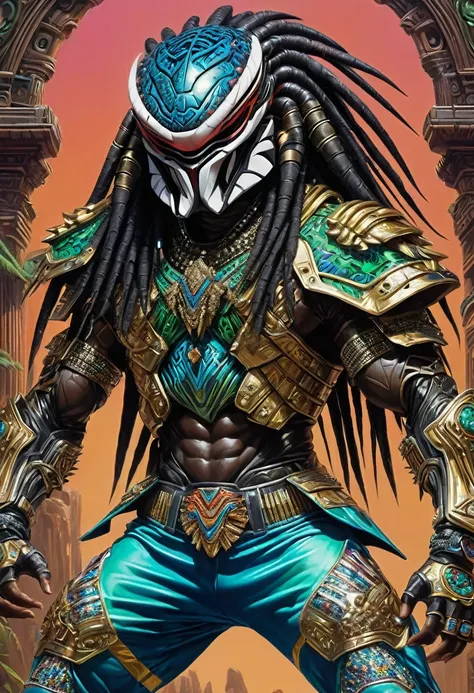 create a picture of preddy the earth loving yautja predator warrior donning the 80's hip hop costume with adidas sports jacket, ...