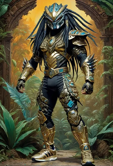 create a picture of preddy the earth loving yautja predator warrior donning the 80's hip hop costume with adidas sports jacket, ...