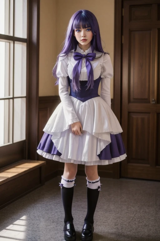 (masterpiece, best quality), 1girl, frederica bernkastel, purple eyes, purple hair, long hair, purple bow, dress, frills, white kneehighs,  kneehighs bow, mary janes, amazingly beautiful girl, 32k RAW photography, professional photoshoot, 