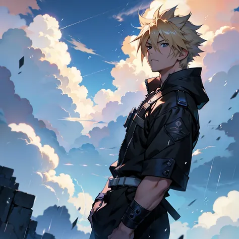 Young man look like cloud strife looking up at the rainy sky, ultra-detailliert. anime image. by makoto shinkai, anime art wallpaper 4k, anime art wallpaper 4k, Anime art wallpaper 8k, anime wallpaper 4k, anime wallpaper 4k, 4K Anime Wallpapers, Anime Sky,...