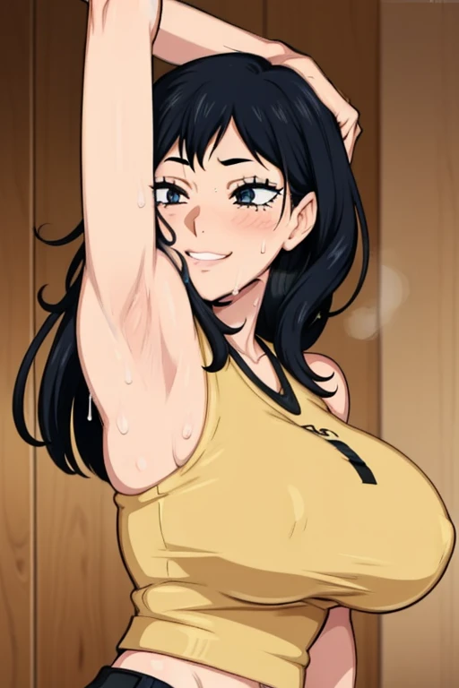 shimizu kiyoko, sweating, big breasts, both hands raised, armpits, armpits visible, dripping with sweat, more more sweat, sweaty armpits, smile