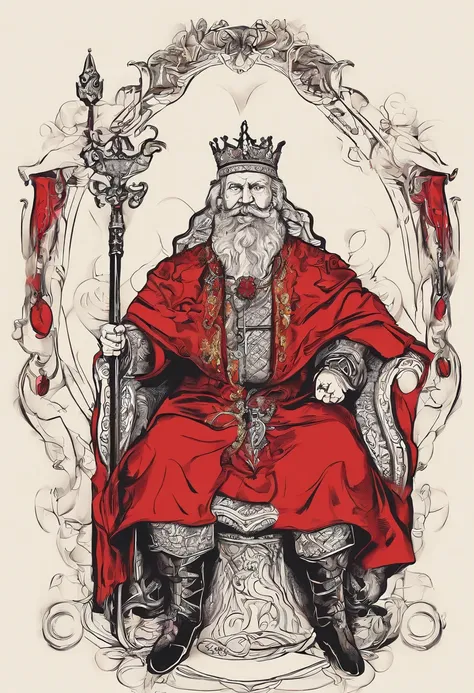 Middle-aged men，Facing the camera，beard，Sitting on the throne，The right hand holds the scepter，Majestic king，Exquisite crown，Red robe，boots，A firm look