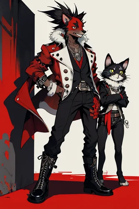 Dessine une fusion entre un punk et un chat, furry style, avec les couleurs noir blanc et rouge, style retro, steampunk, debout 