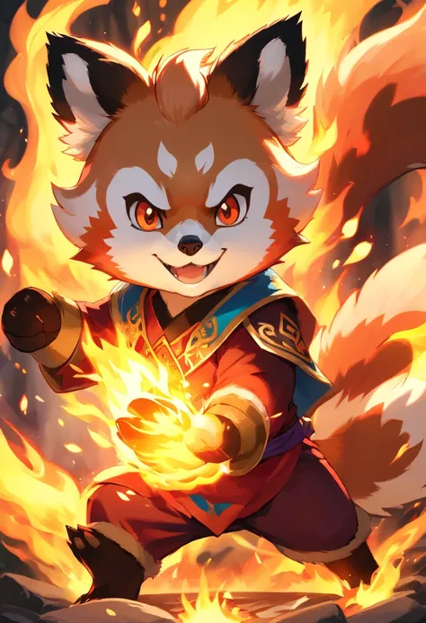 Red Panda,Pokémon,Firepower,flame,combustion的毛皮,golden flame,Bright red fur,Sharp claws,Long Tail,Fire tail,fierce gaze,Energetic的姿势,fiery eyes,Intense expression,Strong stance,agile movements,Forest background,Dappled sunlight,smoke and embers,towering fl...