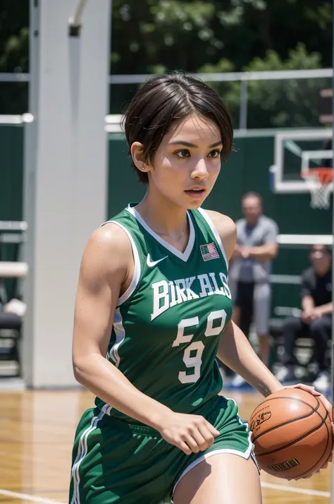 beautiful detail, best quality, 8k, highly detailed face and skin texture, high resolution, big tits cute short hair girl in green basketball jersey at basketball court, full body, sharp focus