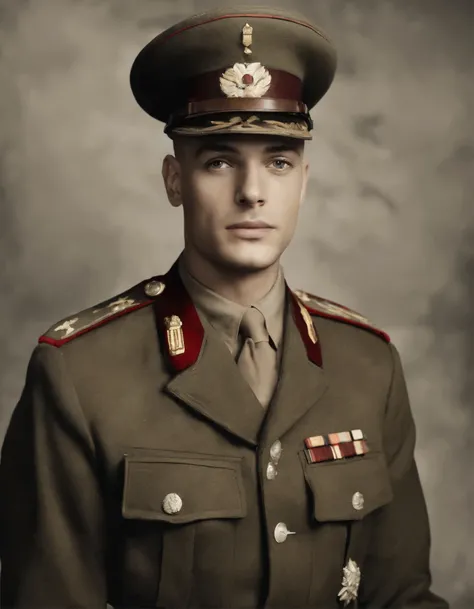 arafed photo of a man in a military uniform posing for a picture, a colorized photo by Gyula Basch, flickr, fantastic realism, world war 2 portrait photo, ww2 era photograph, taken on a ww2 camera, taken on a ww 2 camera, ww2 photo, in a soldier uniform, p...