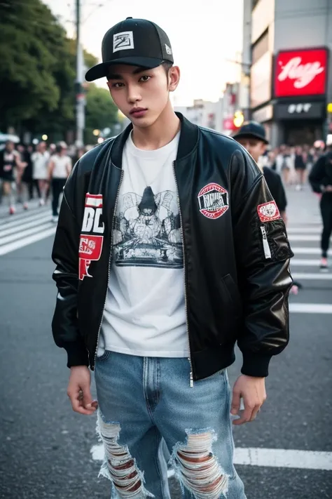 Street style portrait of 25 year old Asian man, Handsome detailed white skin, short hair, snapback hat For an oversized bomber jacket suitable for spring and summer、Iku graphic T-shirt。Coordinate with long ripped black jeans and high-top sneakers, standing...