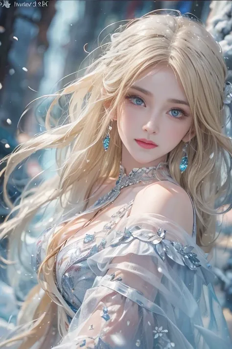 (photorealistic:1.8, highest quality:1.8,8K masterpiece:1.8,High resolution,muste piece:1.8),A 23-year-old woman standing on a snow mountain,fantasy,(transparent dresini skirt,Transparent Shawl、Elegant earrings、choker), beautiful detailed blue eyes:1.7,dou...