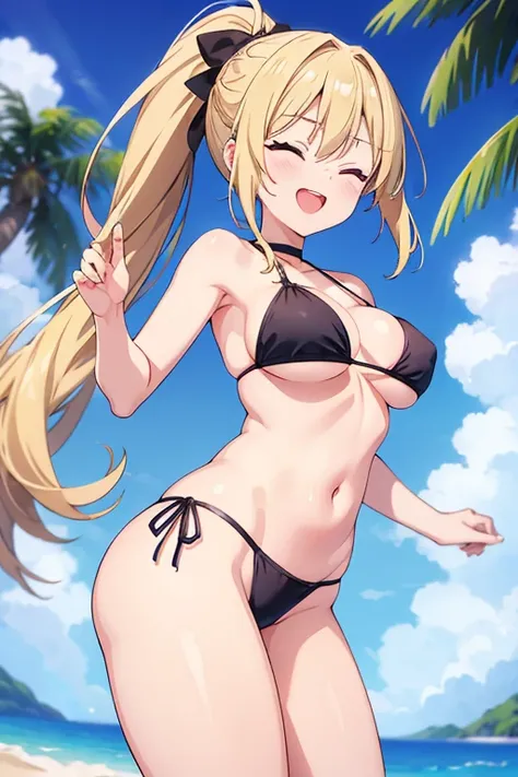 Naughty woman 、16 years old、Blonde ponytail、Long Hair、Ample breasts、slender、Laugh with your eyes closed、anime、Twinkle smile, pale blue eyes、Wearing a swimsuit、Black Bikini