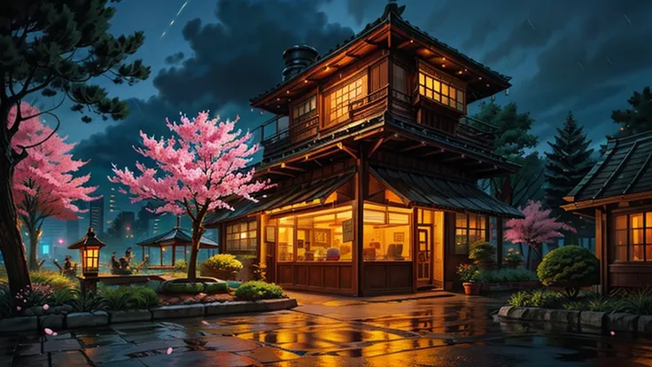 Step into a captivating scene inspired by a Japanese garden, where meticulously manicured bonsai trees and vibrant cherry blossoms create a serene oasis. Amidst this tranquil setting stands a modern twist—a trendy café with a neon sign glowing "Coffee" in ...