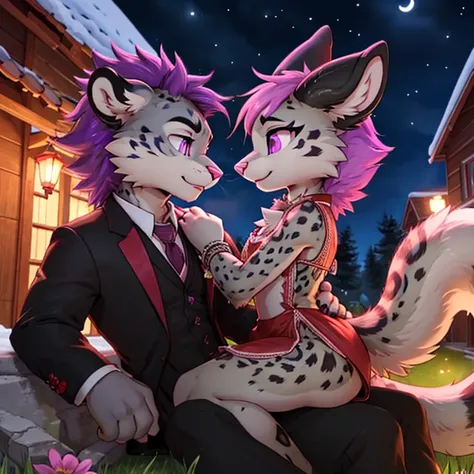 Anthropomorphic male snow leopard, with purple eyes, pink nose, 4 black ears, purple spikes on back, purple horns, with a red third eye, and a male crimson fox with pink nose, black ears, horns and purple eyes, side view, fullbody view, duo, sitting on the...