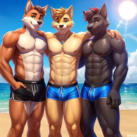 3 furry boys on a beach with tight micro shorts making an outline of there penises, they are wet