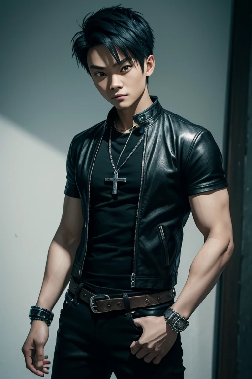 Osric Chau 20-year-old boy with open black jacket, blue t-shirt with snow print, short black hair, punk style, yellow locks, black jeans, green eyes, black leather belt, silver buckle, slim muscular build, cross medallion, silver bracelet, looking straight...