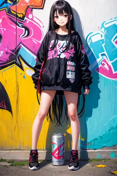 2934774106 girl standing smile on her face, with a can of paint graffiti on a wall, long loose hair, straight black hair,