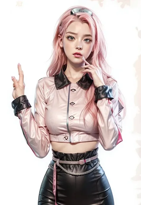 young woman, bubblegum pink hair tied in a bun, wide forehead, porcelain skin, pink eyebrows, emerald green eyes, upturned nose, thick pink lips, heart-shaped face, dark red clothes, Sakura Haruno, realism, well detailed, 3d
