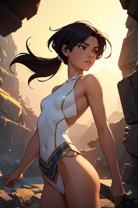 Masterpiece, digital artwork, A gorgeous woman, sidecut hair, small breasts, flat chest, skimpy outfit, highly detailed, dynamic volumetric lighting,