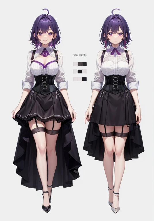 purple hair,shortcuts,adult female,(bartender),((body harness)),((roll up your shirt sleeves)),(corset),(long skirt),((garter be...