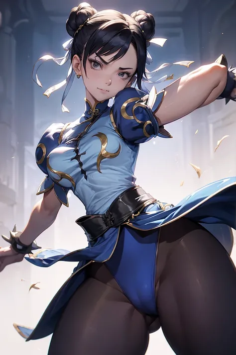 chun li,roupa azul,solo, masterpiece, best quality, agrias, grey sweater, black leotard, standing, looking at viewer, short hair,oculos,evil smile, evil look,luvas preta,roupa azul,yandere rosto,low lighting,coxa sarada copo detalhado,olhando para frente
