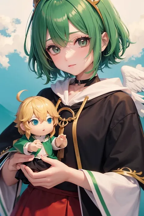 (GUMI: 0.8), stocky, anime, (Tengu: 0.8), messy short hair, fortune teller, green hair, Angelic French doll, Priest, poncho, Gospel, to face a headwind, Messiah, friendly, cold