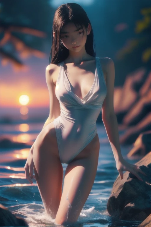 (best quality,4k,8k,highres,masterpiece:1.2),ultra-detailed,(realistic,photorealistic,photo-realistic:1.37),wet,erotic) wet and wet from rain,dripping wet,(naked slender woman with pert chest in sunset  beach with flowing water:),her wet body covered in wa...