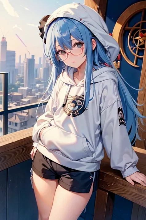 Angelic French doll, stocky, light colored hoodie, in short pants, blue hair ,messy long hair, (anime: 1.2), Wear glasses, asymmetrical bangs, (masterpiece: 1.2), Tengu, fortune teller