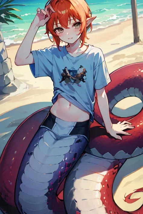 Male  Lamia、8-year-old、T-Shirts、stomach、Delicate face、Face is the main、Sandy Beach、sit、Ultra HD、Masterpiece