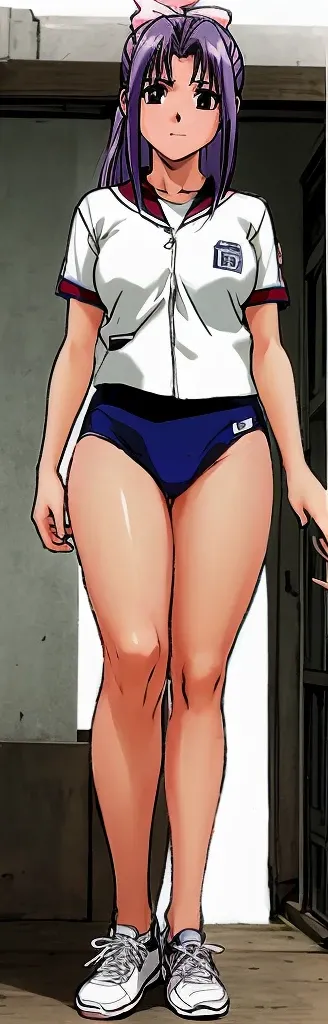 Momoko Koigakubo, a tall girl with beautiful legs and a slightly large chest, is blushing and standing with her mouth open in a white gym suit and light navy blue bloomers that look like panties.。The skin color of the face is the same as the skin color of ...