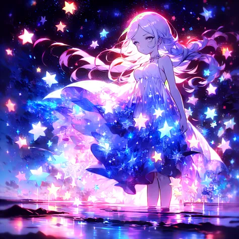 xcdd, dress, wading, star, water, sky, night, glowing, sparkle, star, night sky, backlighting, light particles, floating hair,, ...