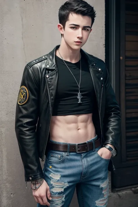 Dylan Minnette 20-year-old boy with open black jacket, blue t-shirt with snow print, short black hair, punk style, yellow locks, black jeans, green eyes, black leather belt, silver buckle, slim muscular build, cross medallion, silver bracelet, looking stra...