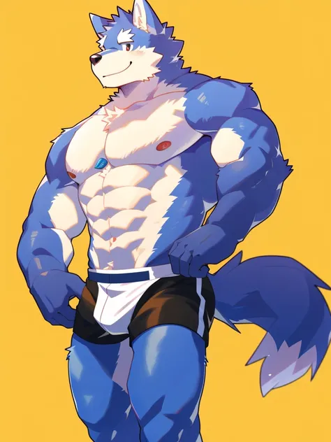 male wolf, cute face, kemono, (blue wolf), naked, himbo, smile, simple background, high res, best quality