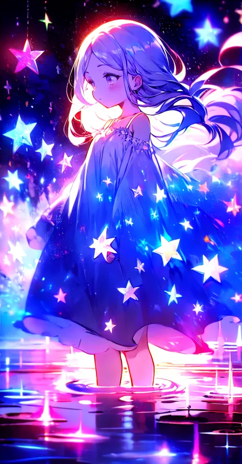 xcdd, dress, water遊び, star, water, null, night, shine, shine, star, night null, backlight, particles of light, floating hair,, a...