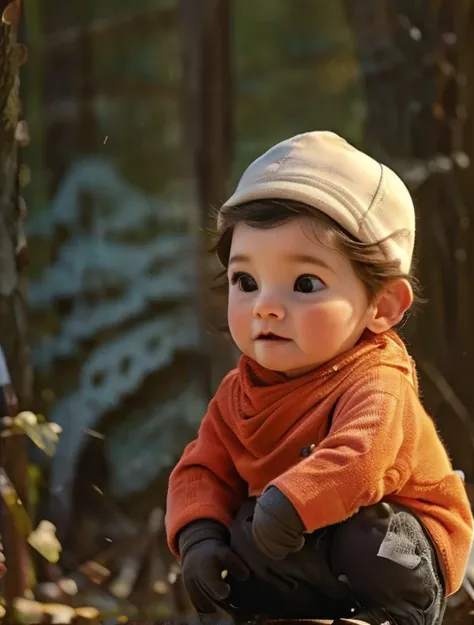 a little boy with a rabbit in the woods