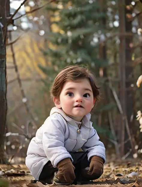 a little boy with a rabbit in the woods